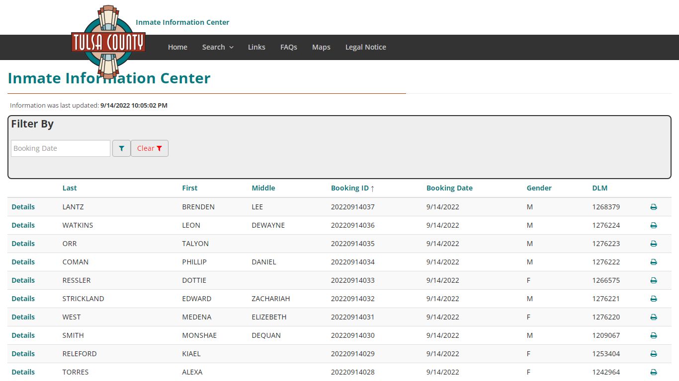 Booking Index - Inmate Information Center - Tulsa County, Oklahoma